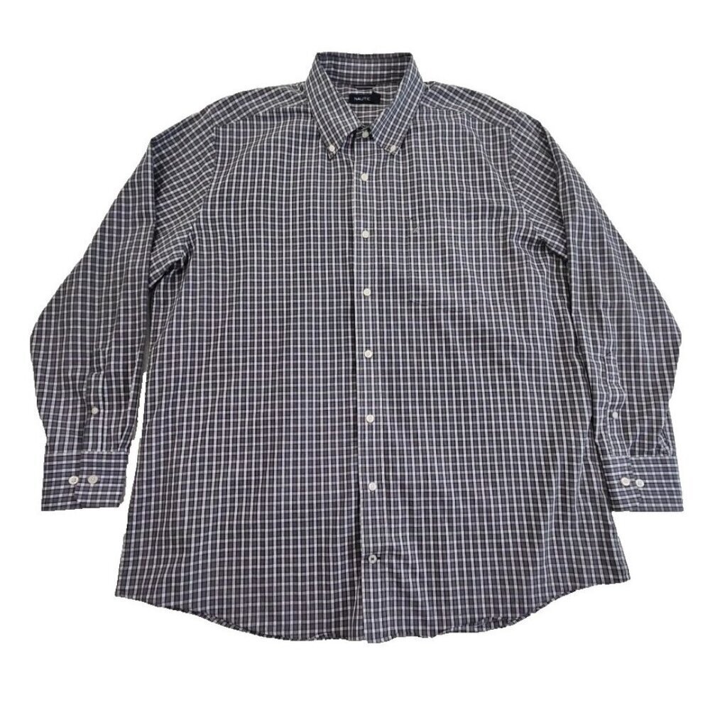 Nautica Shirt Men's 2XL Grey Plaid‎ Long Sleeve Button Up EUC LN Workwear M7362K